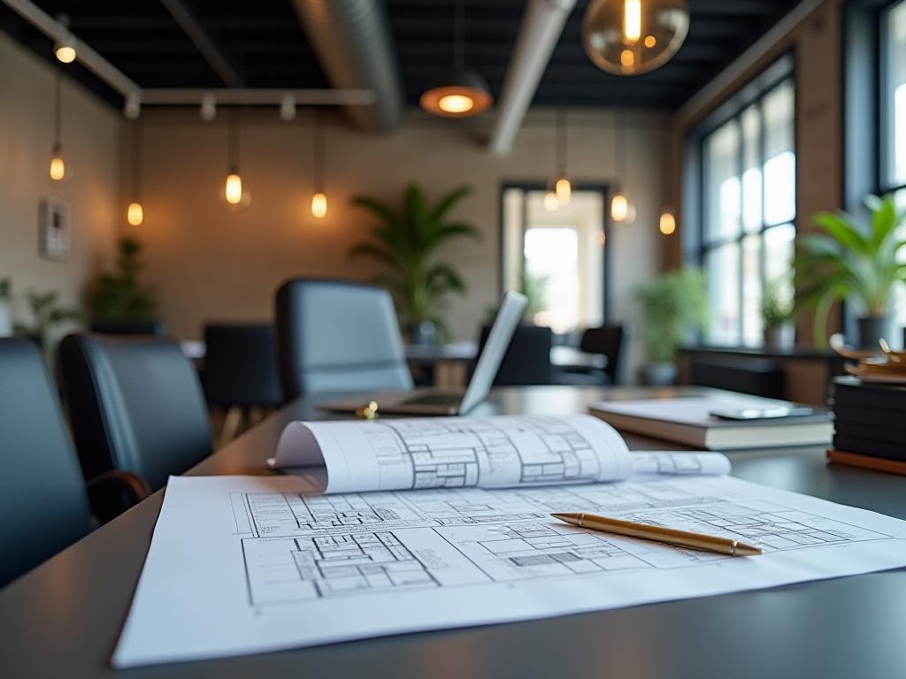 Intérieur de l'agence Sylva Loft avec plans d'architecte